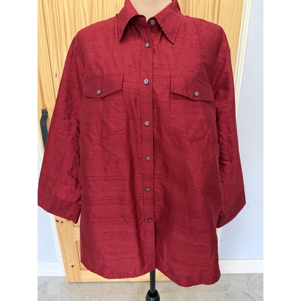 Lauren Ralph Lauren Shirt Womens 16W Red Silk Button Front Tunic Long Sleeve